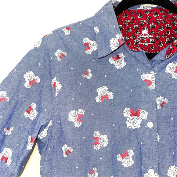 Disney 100% Cotton Blue Rose Minnie Mouse Button Down Shirt Medium Women’s - Picture 3 of 11